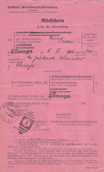 Rückscheinformular von Cicago nach Ellwangen. Rückscheinformular von Cicago nach Ellwangen.